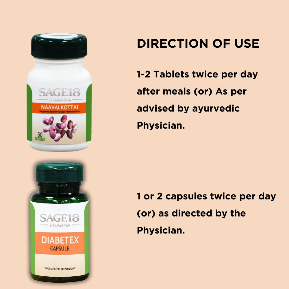 Diabetex Capsule 60 No's + Naavalkottai Tablet 60 No's + Sirukurinjan Tablet 60 No's - Combo - Sage18