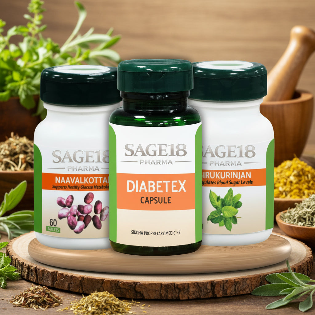 Diabetex Capsule 60 No's + Naavalkottai Tablet 60 No's + Sirukurinjan Tablet 60 No's - Combo - Sage18