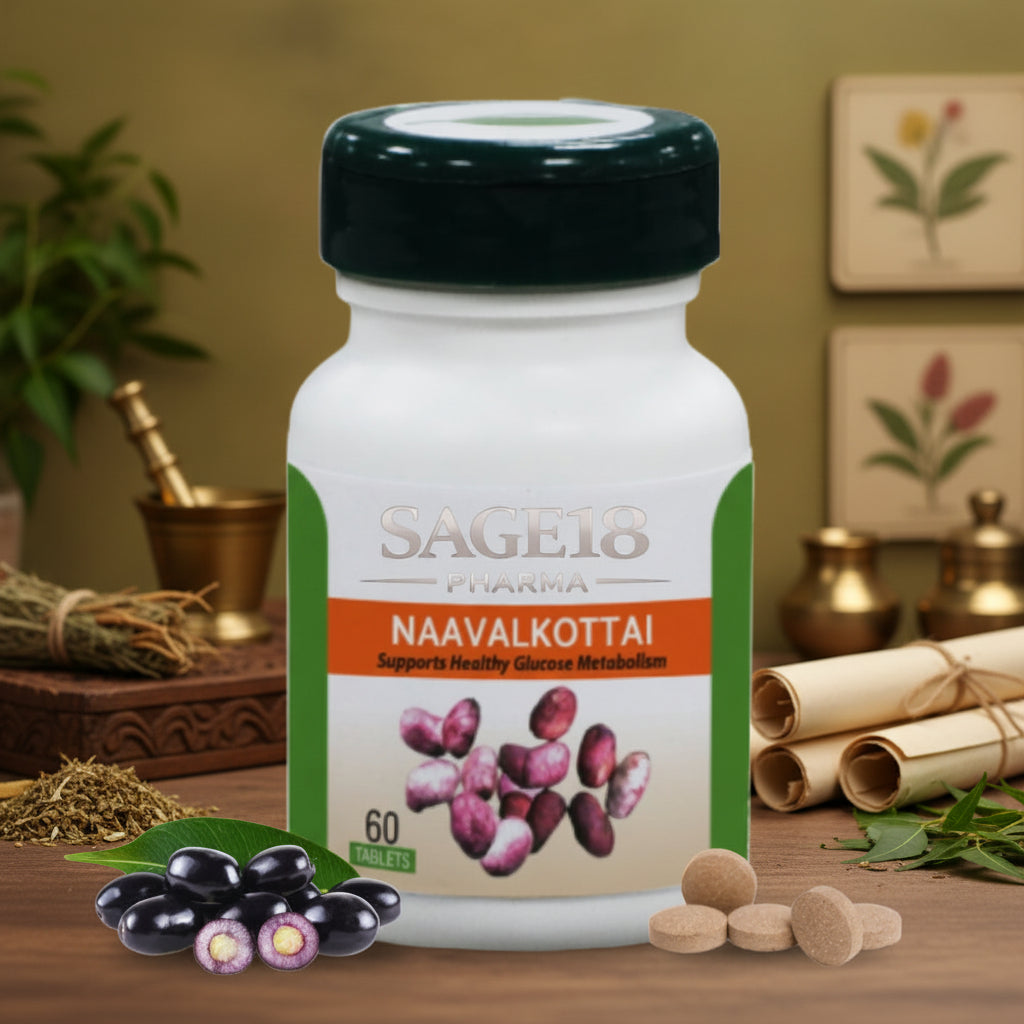 Sage18 Naavalkottai supplement bottle with pills on a white background

